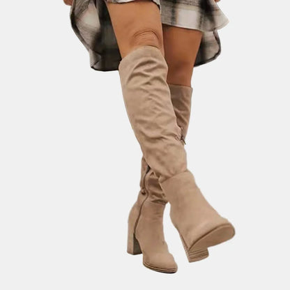 Women's stretch over-the-knee boots with block heel detail – Beige