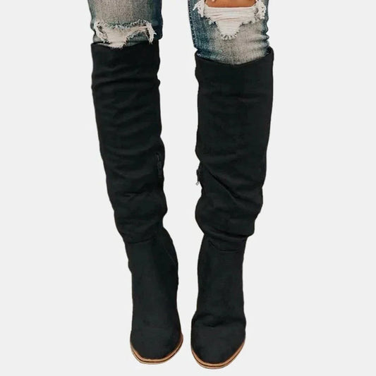 Women's stretch over-the-knee boots with block heel detail – Black