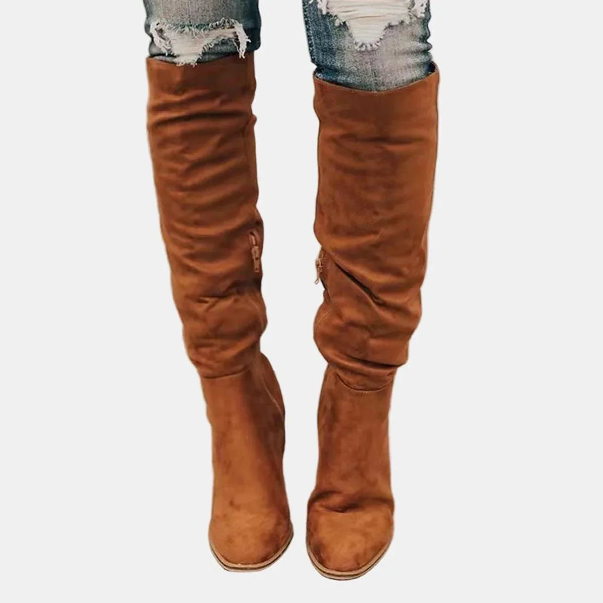 Women's stretch over-the-knee boots with block heel detail – Brown