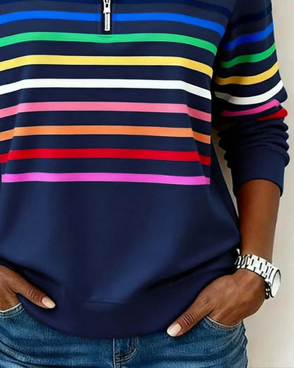 Women's striped half-zip sweatshirt with relaxed fit