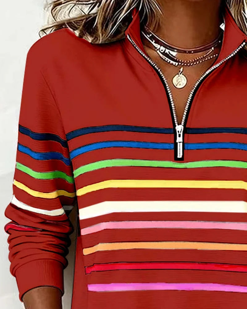 Women's striped half-zip sweatshirt with relaxed fit