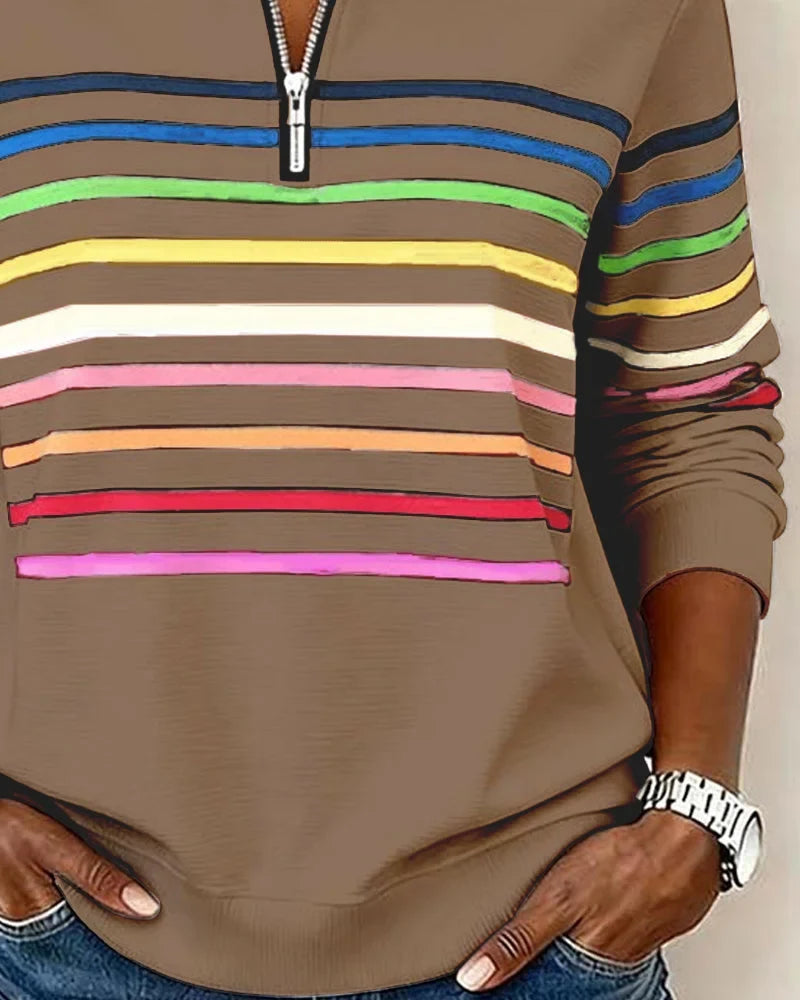 Women's striped half-zip sweatshirt with relaxed fit