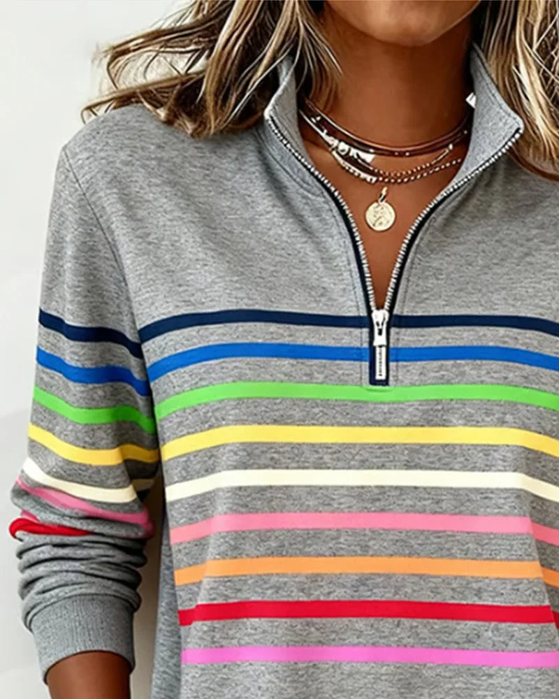 Women's striped half-zip sweatshirt with relaxed fit