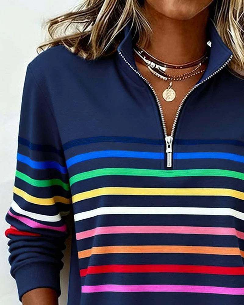 Women's striped half-zip sweatshirt with relaxed fit