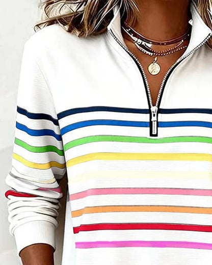 Women's striped half-zip sweatshirt with relaxed fit