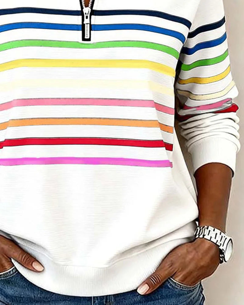 Women's striped half-zip sweatshirt with relaxed fit