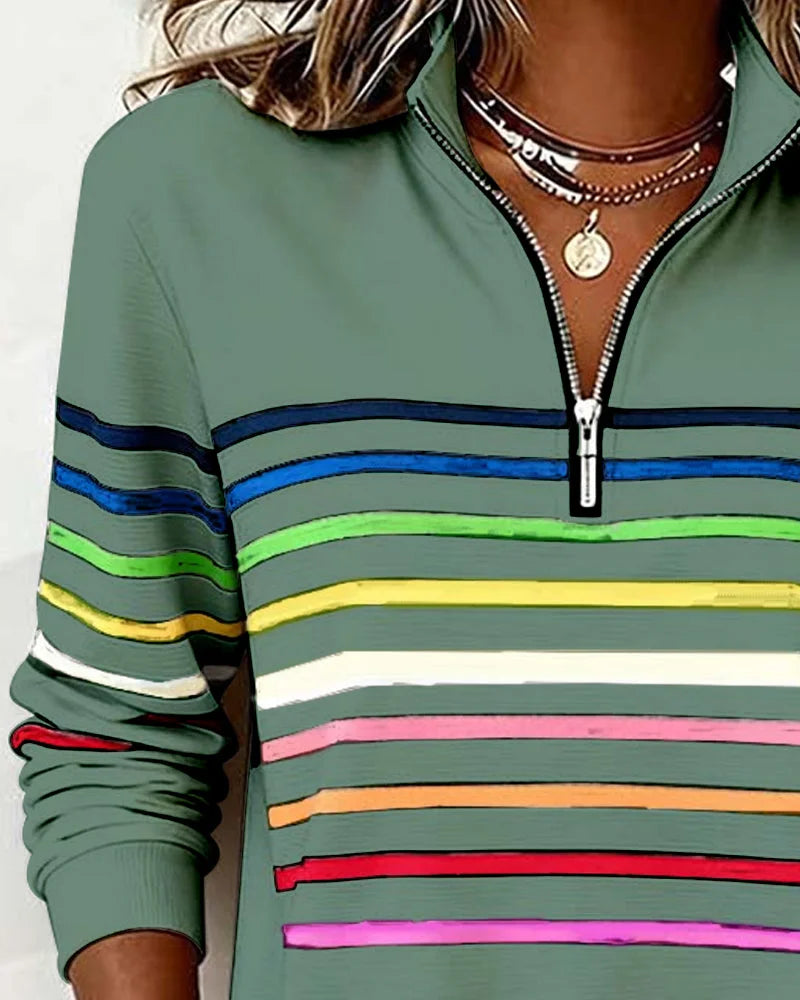 Women's striped half-zip sweatshirt with relaxed fit