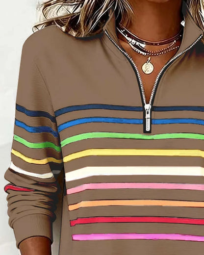 Women's striped half-zip sweatshirt with relaxed fit