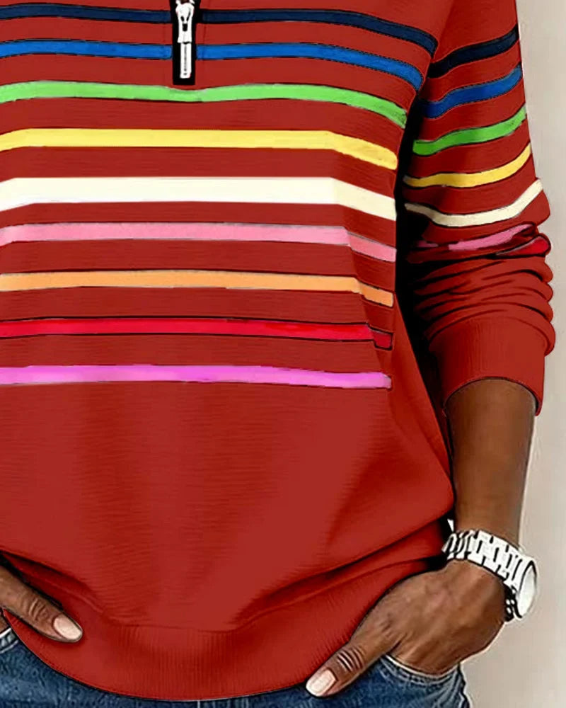 Women's striped half-zip sweatshirt with relaxed fit