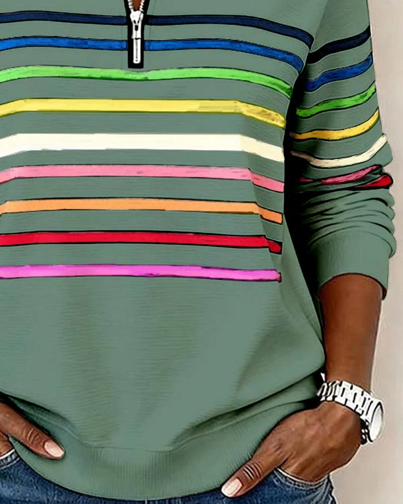 Women's striped half-zip sweatshirt with relaxed fit