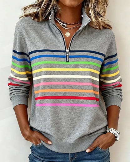 Women's striped half-zip sweatshirt with relaxed fit – Gray
