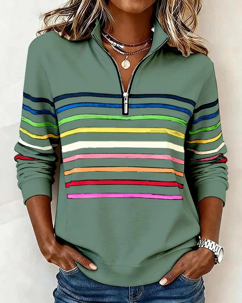 Women's striped half-zip sweatshirt with relaxed fit – Green