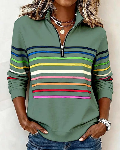 Women's striped half-zip sweatshirt with relaxed fit – Green