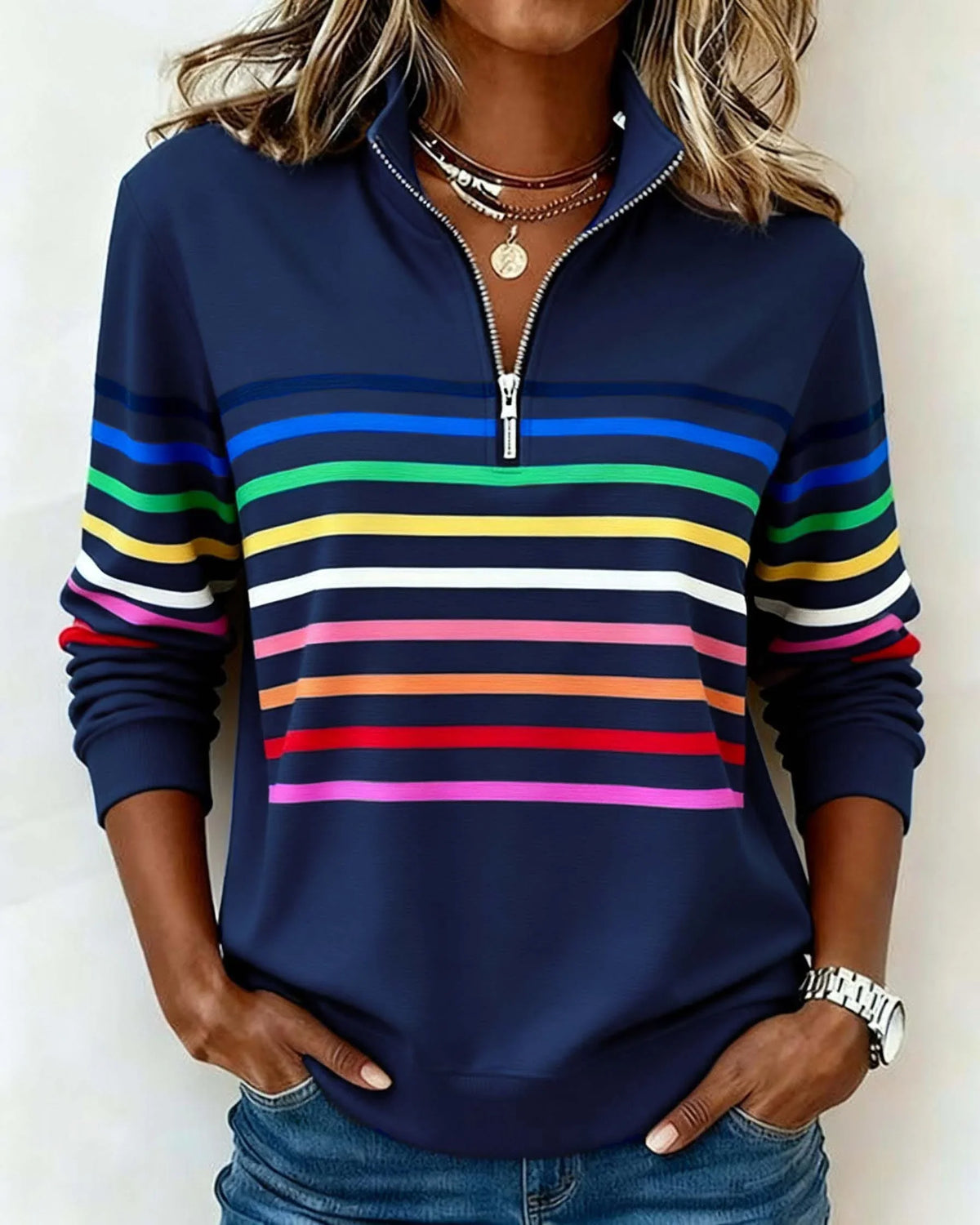 Women's striped half-zip sweatshirt with relaxed fit – Navy Blue