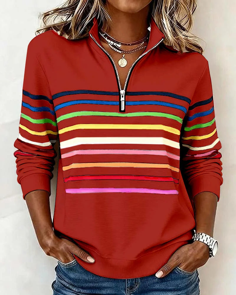 Women's striped half-zip sweatshirt with relaxed fit – Red
