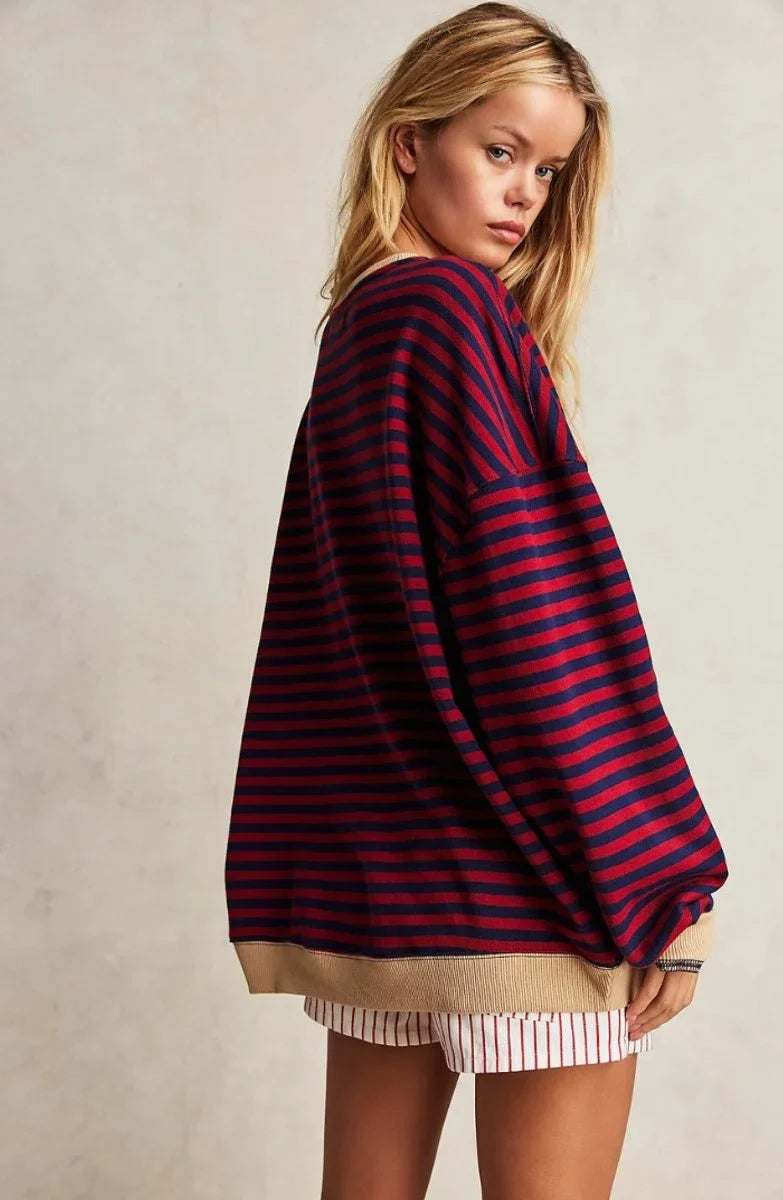 Women's striped oversized pullover sweater with long sleeves