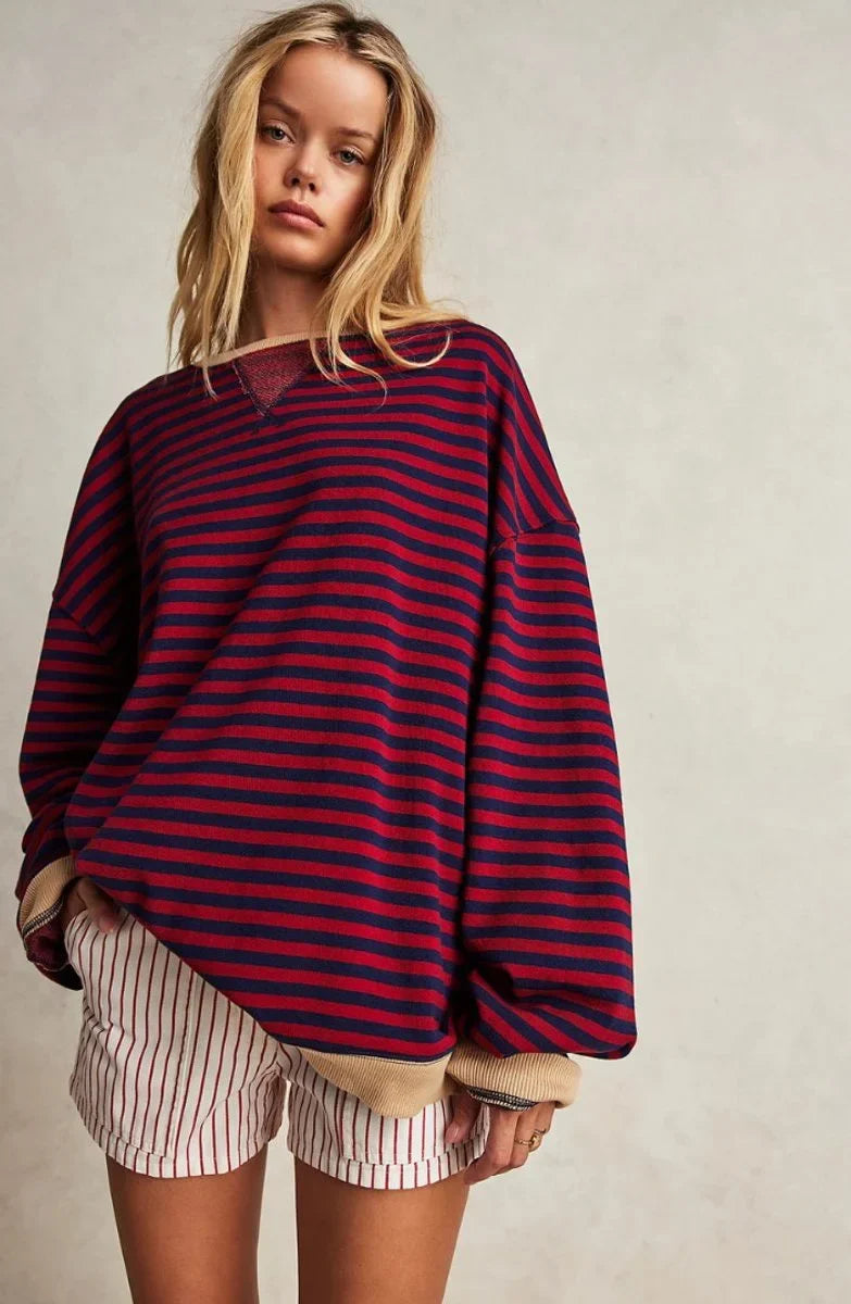 Women's striped oversized pullover sweater with long sleeves – Black & Red