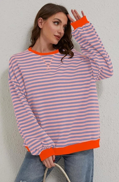 Women's striped oversized pullover sweater with long sleeves – Orange & Blue