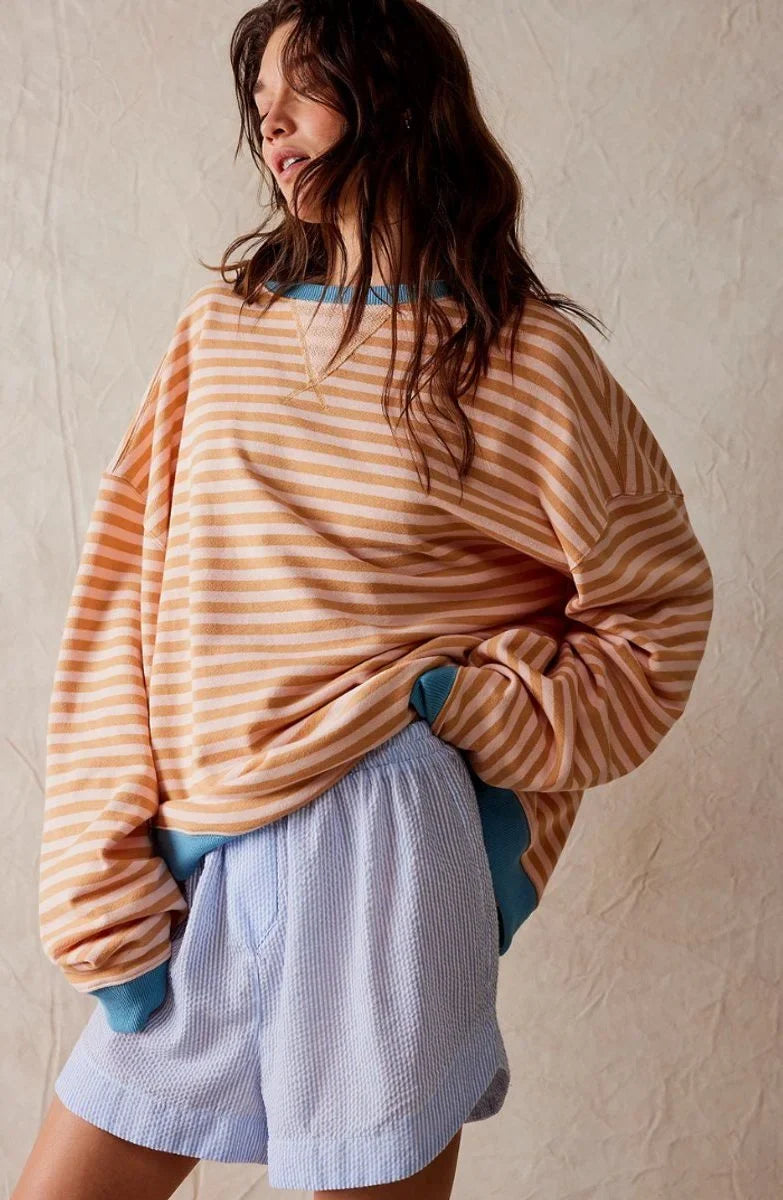 Women's striped oversized pullover sweater with long sleeves – Orange Stripes