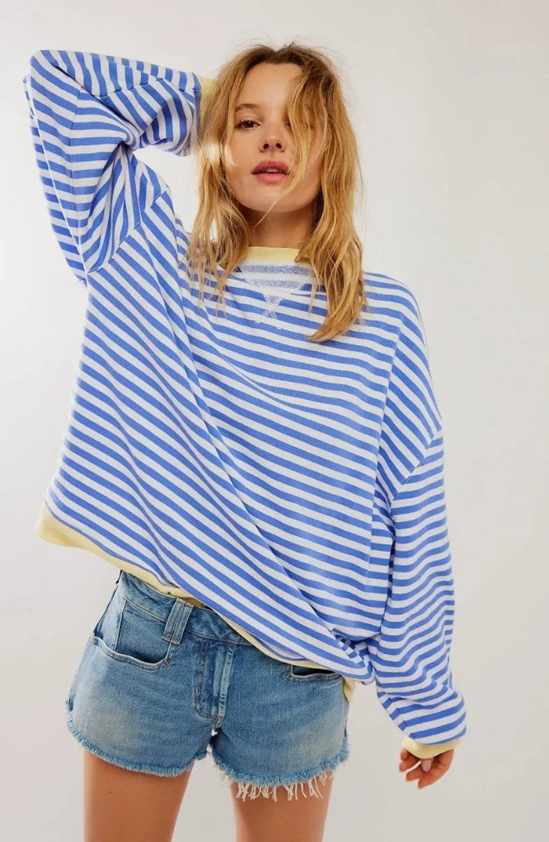 Women's striped oversized pullover sweater with long sleeves – Sky Blue