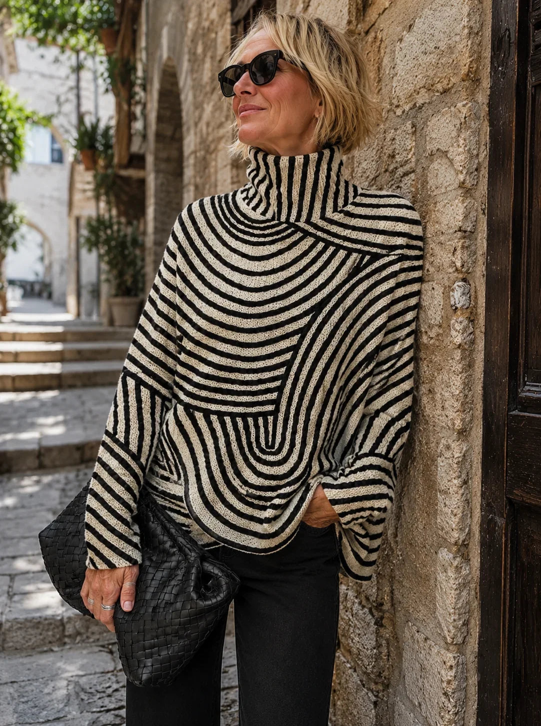 Women's striped roll-neck turtleneck sweater with relaxed fit – Multicolor