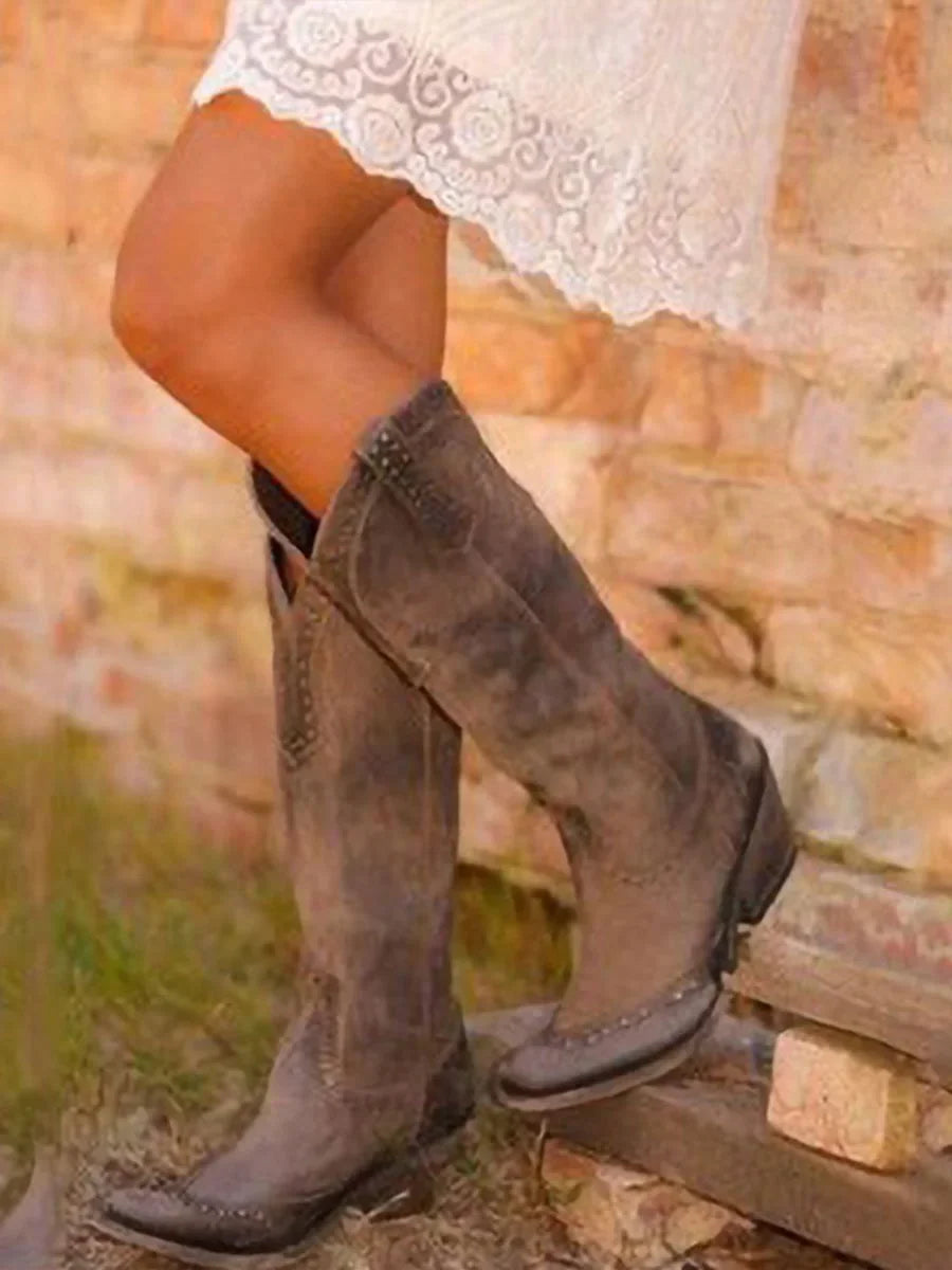Women's distressed suede knee-high cowboy boots with studs