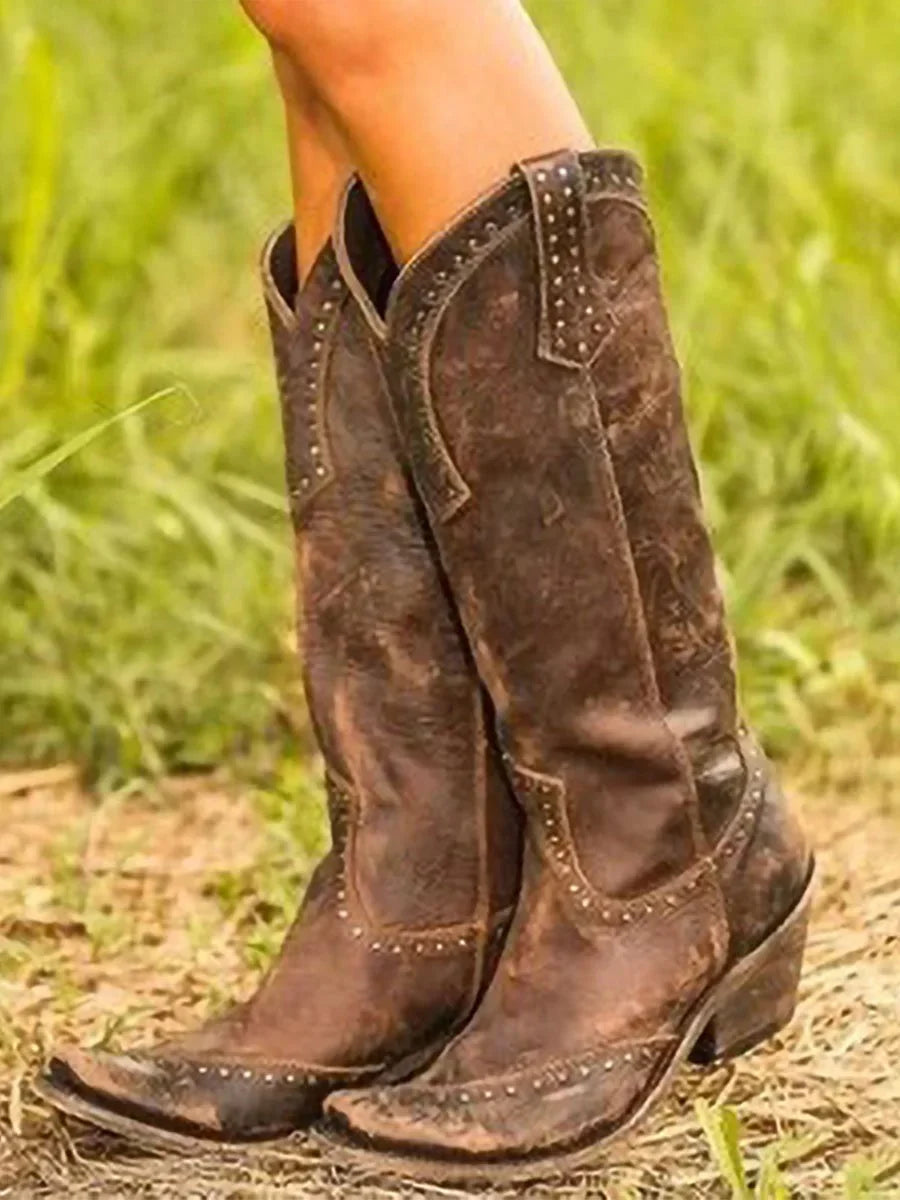 Women's distressed suede knee-high cowboy boots with studs – Brown
