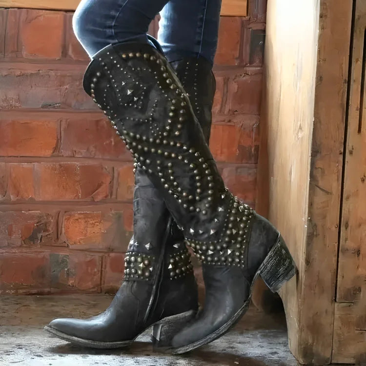 Women's studded knee-high western boots with stacked heel – Black