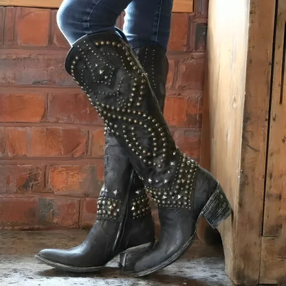 Women's studded knee-high western boots with stacked heel – Black