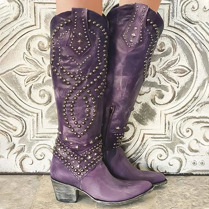 Women's studded knee-high western boots with stacked heel – Purple