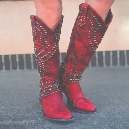 Women's studded knee-high western boots with stacked heel – Red