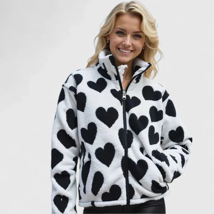 Women's borg zip-up stand collar fleece jacket with heart print