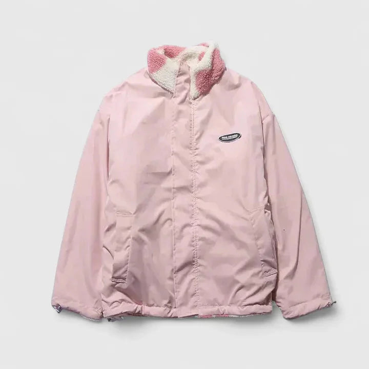 Women's borg zip-up stand collar fleece jacket with heart print
