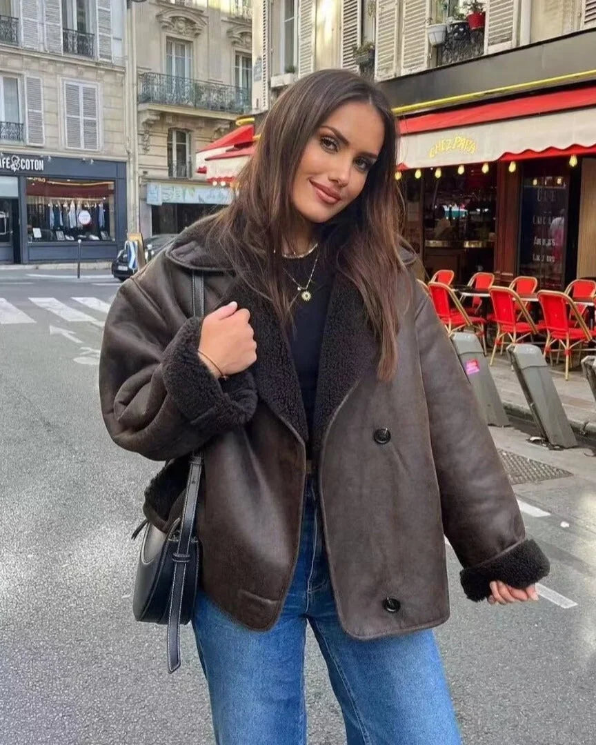 Women's suede double-breasted notch lapel jacket