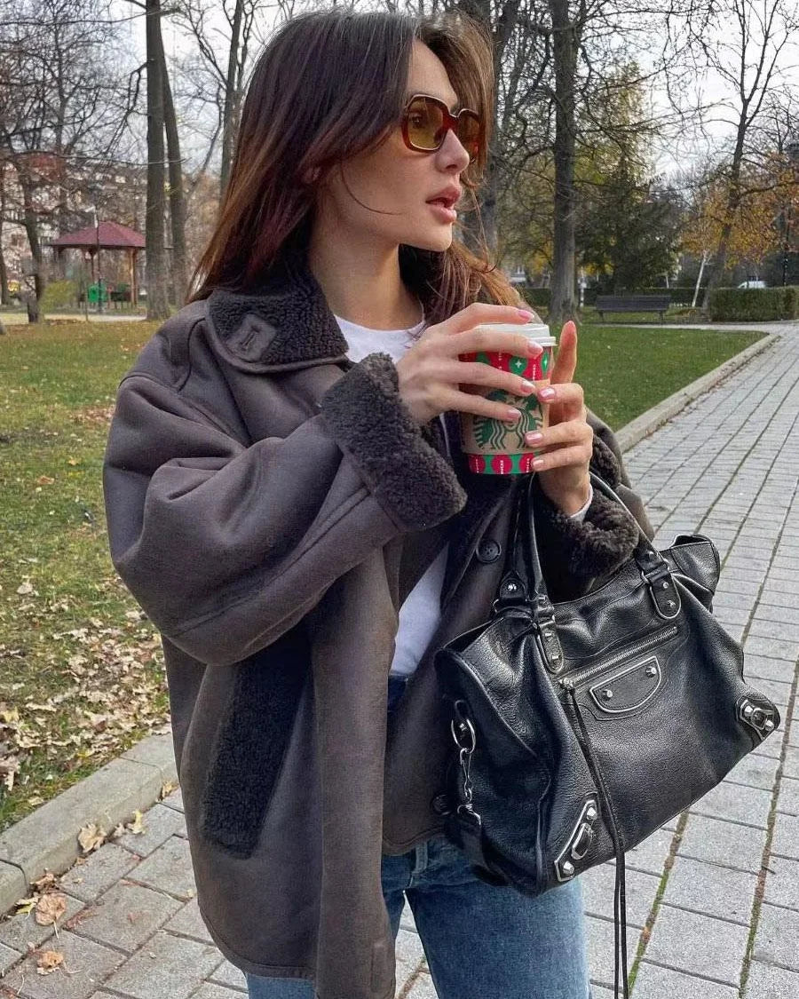 Women's suede double-breasted notch lapel jacket