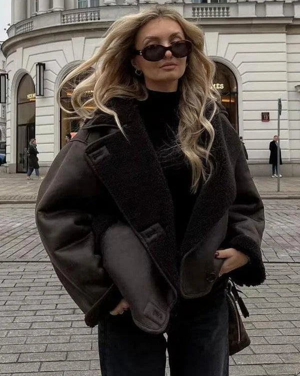 Women's suede double-breasted notch lapel jacket