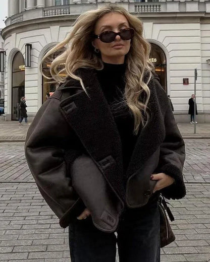Women's suede double-breasted notch lapel jacket