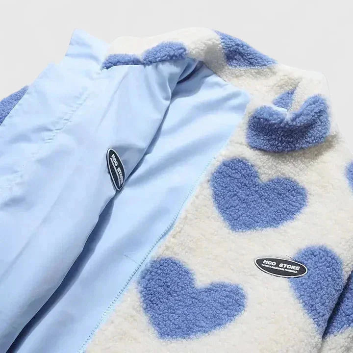 Women's borg zip-up stand collar fleece jacket with heart print