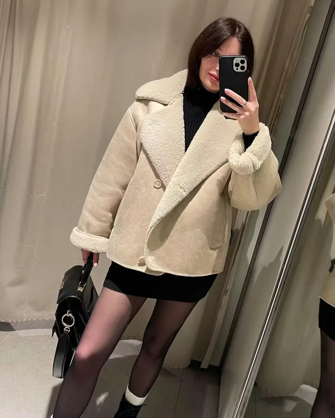 Women's suede double-breasted notch lapel jacket