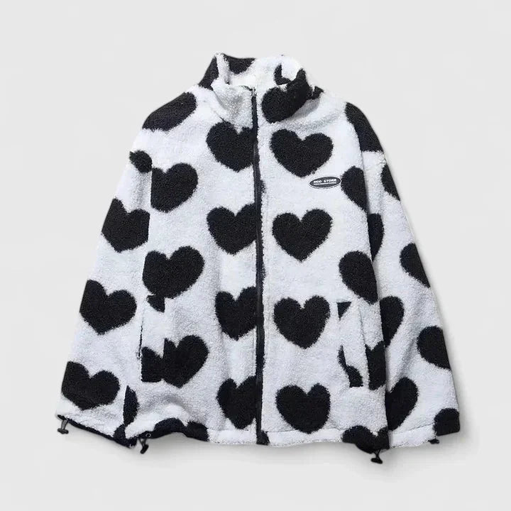 Women's borg zip-up stand collar fleece jacket with heart print