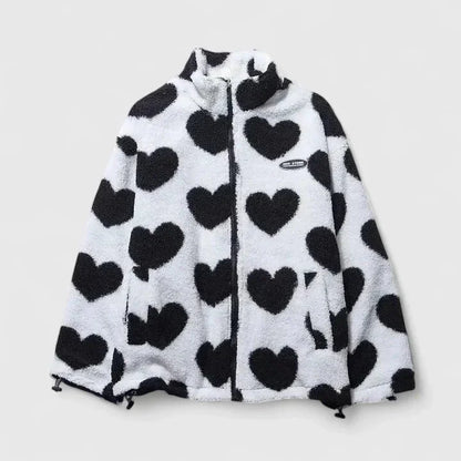 Women's borg zip-up stand collar fleece jacket with heart print