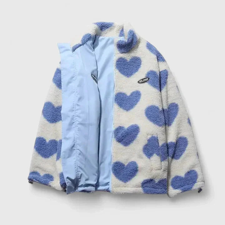 Women's borg zip-up stand collar fleece jacket with heart print