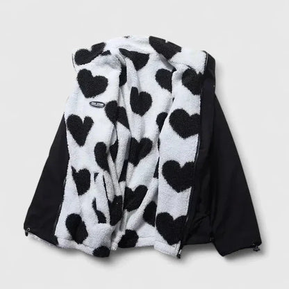 Women's borg zip-up stand collar fleece jacket with heart print