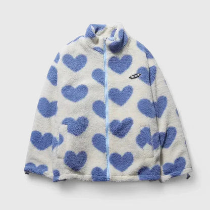 Women's borg zip-up stand collar fleece jacket with heart print