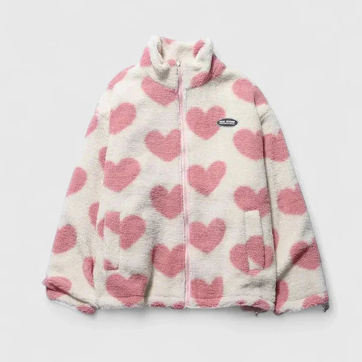 Women's borg zip-up stand collar fleece jacket with heart print