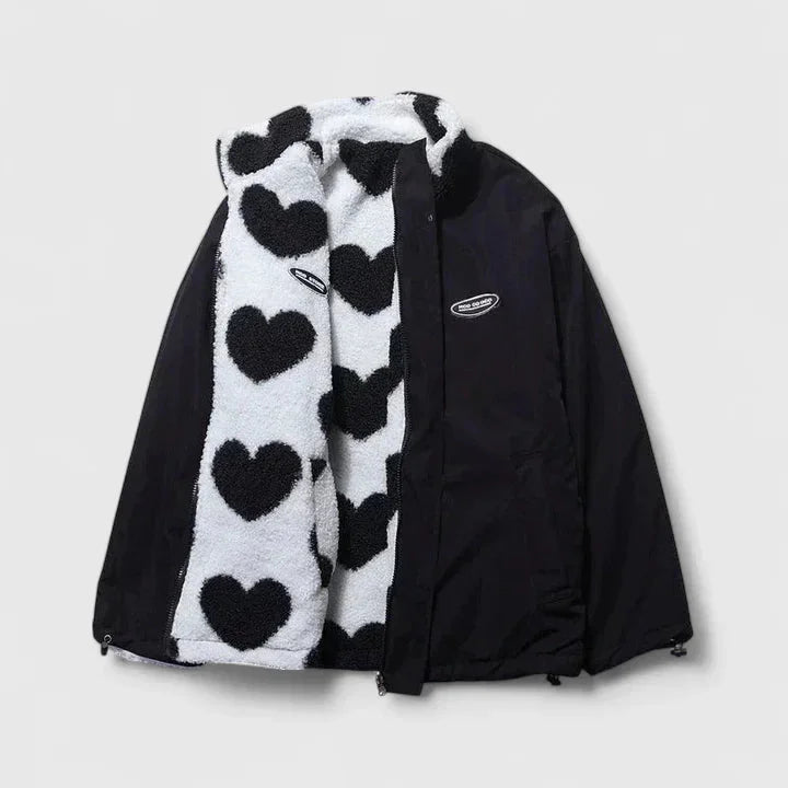 Women's borg zip-up stand collar fleece jacket with heart print – Black