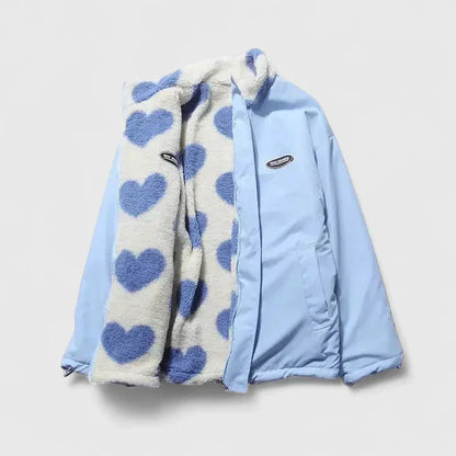 Women's borg zip-up stand collar fleece jacket with heart print – Blue