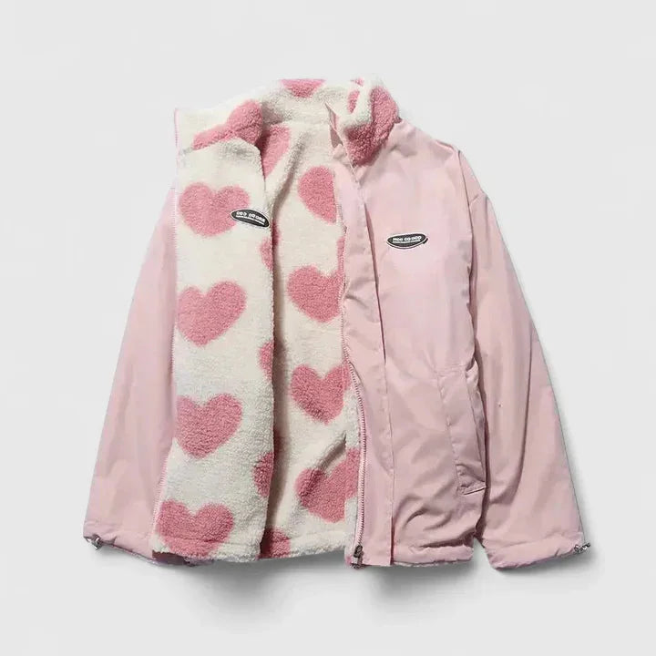 Women's borg zip-up stand collar fleece jacket with heart print – Pink