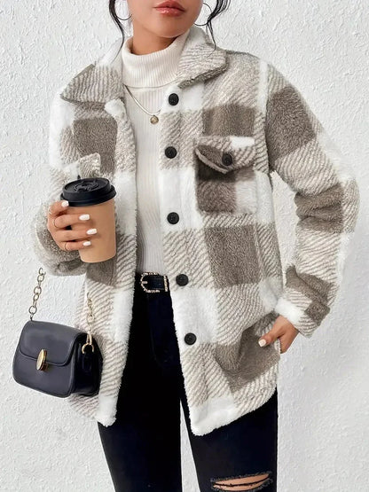 Women's plaid fleece jacket with flattering fit