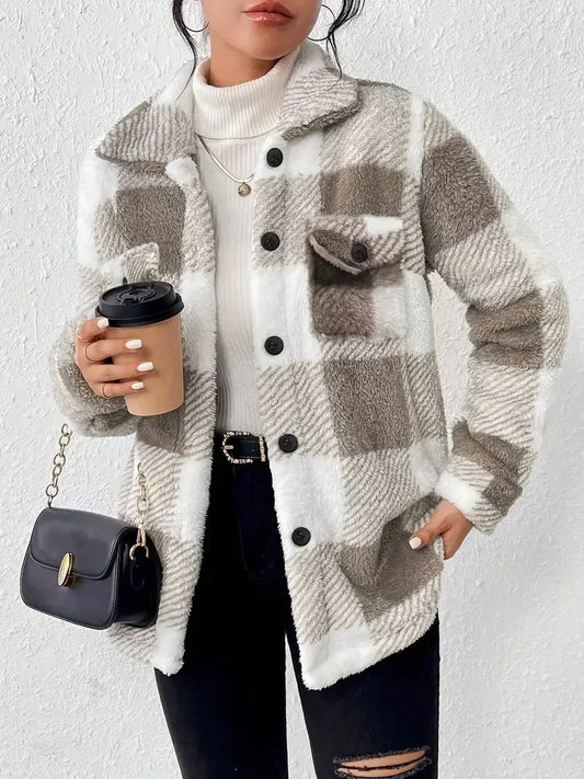 Women's plaid fleece jacket with flattering fit